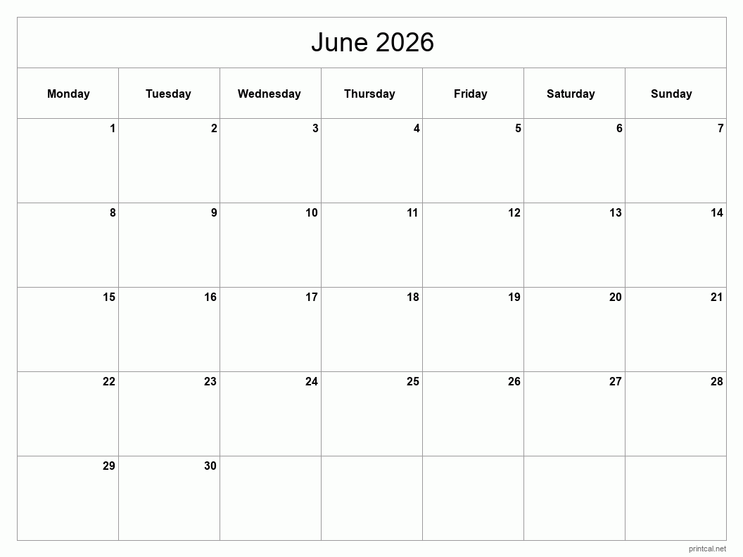 June 2026 Printable Calendar - Classic Blank Sheet