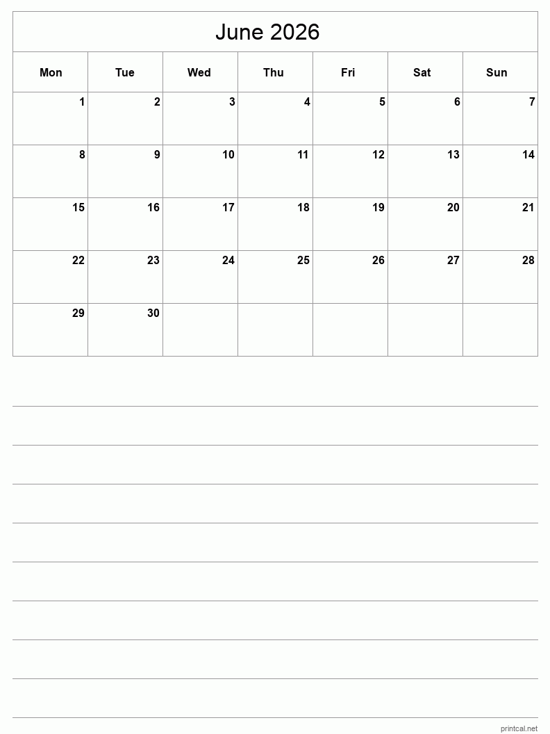 June 2026 Printable Calendar - Half-Page With Notesheet