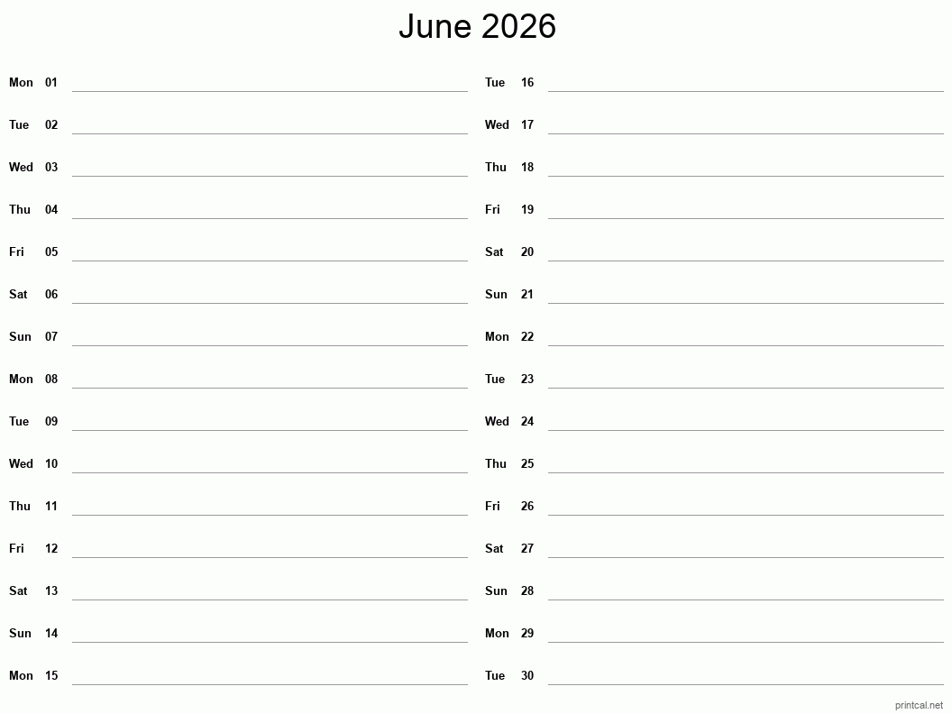 June 2026 Printable Calendar - Two Column Notesheet