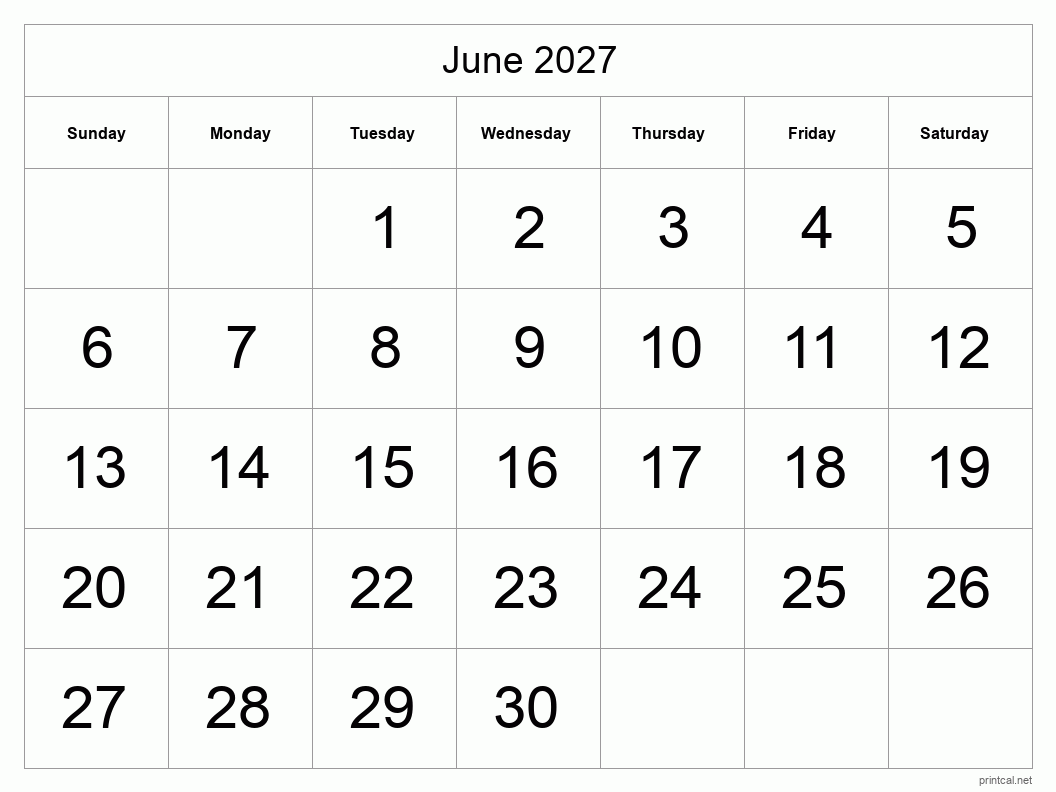 June 2027 Printable Calendar - Big Dates