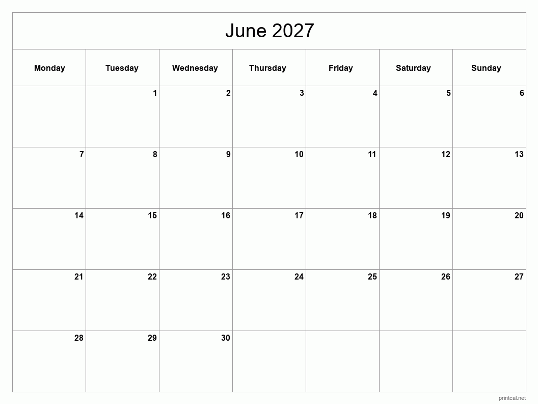 June 2027 Printable Calendar - Classic Blank Sheet