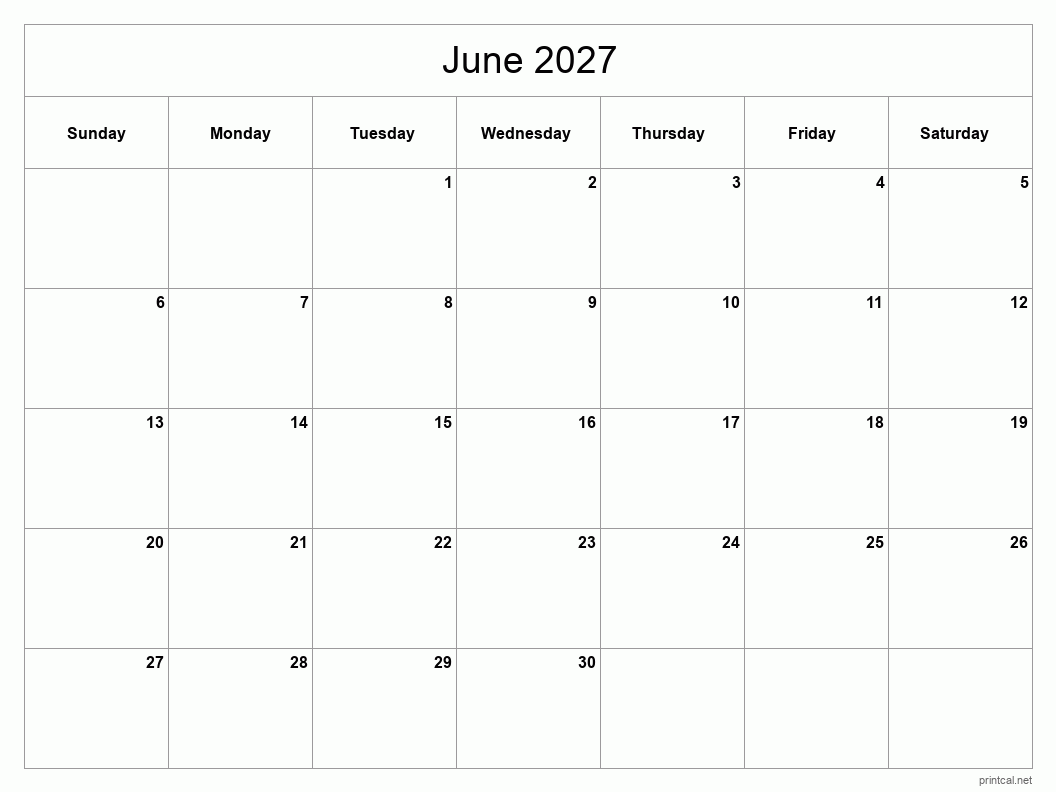 June 2027 Printable Calendar - Classic Blank Sheet