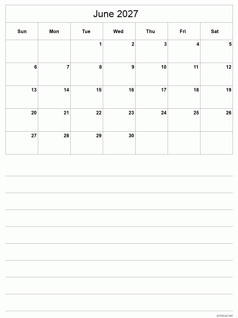June 2027 Printable Calendar - Half-Page With Notesheet