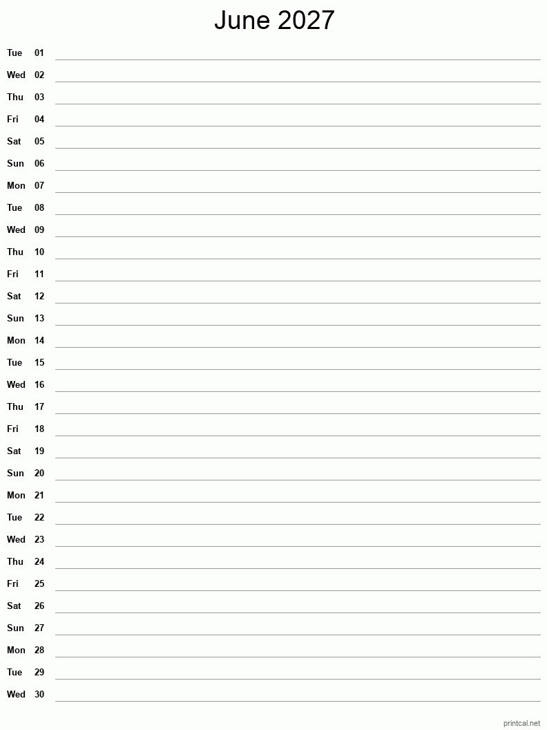 June 2027 Printable Calendar - Single Column Notesheet