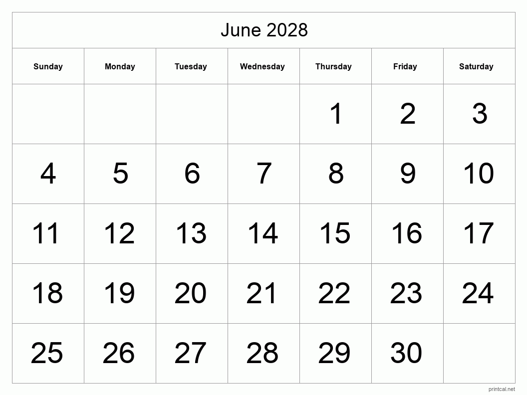 June 2028 Printable Calendar - Big Dates