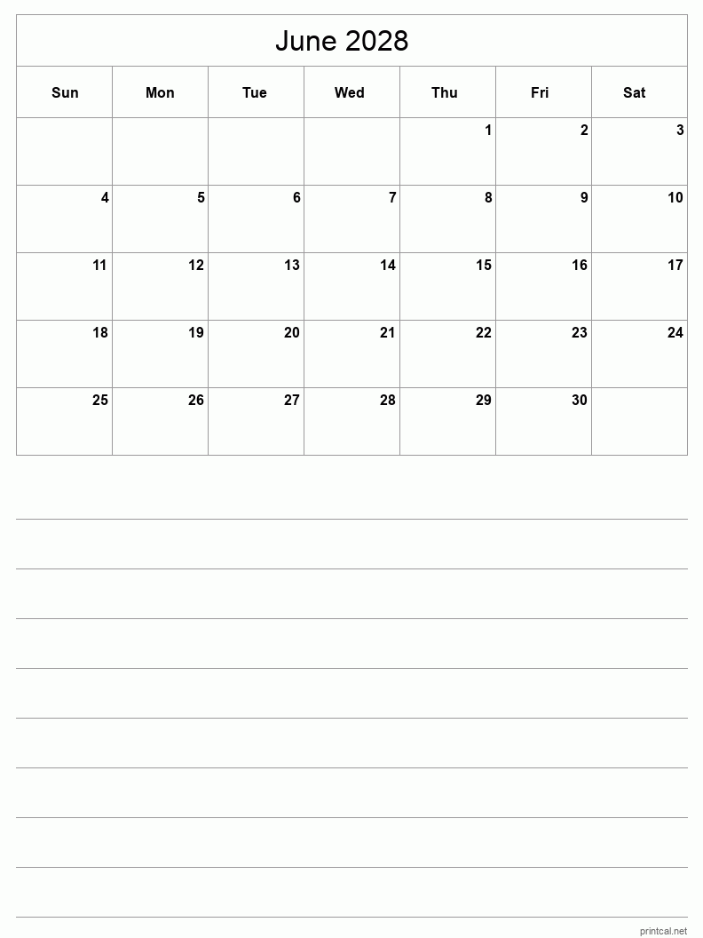 June 2028 Printable Calendar - Half-Page With Notesheet