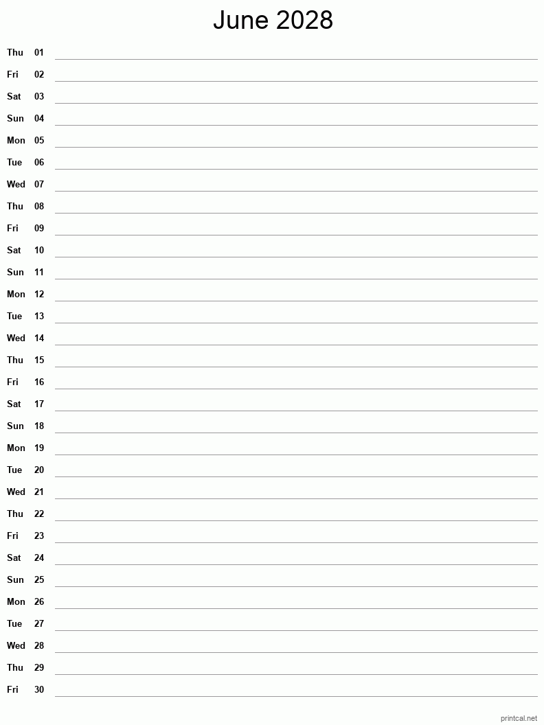 June 2028 Printable Calendar - Single Column Notesheet