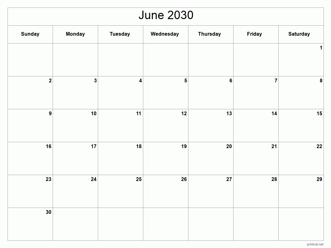June 2030 Printable Calendar - Classic Blank Sheet