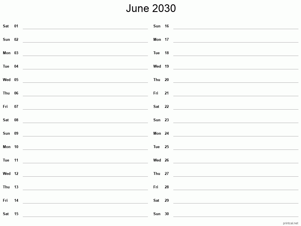 June 2030 Printable Calendar - Two Column Notesheet