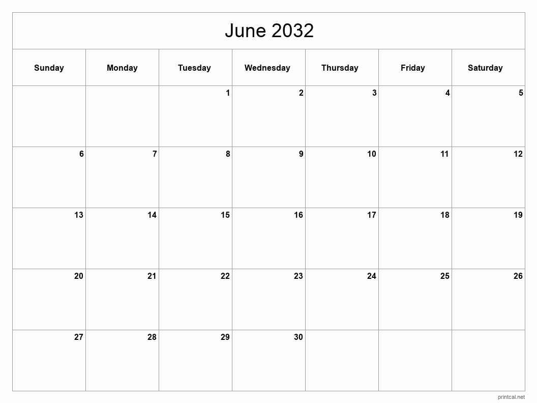 June 2032 Printable Calendar - Classic Blank Sheet