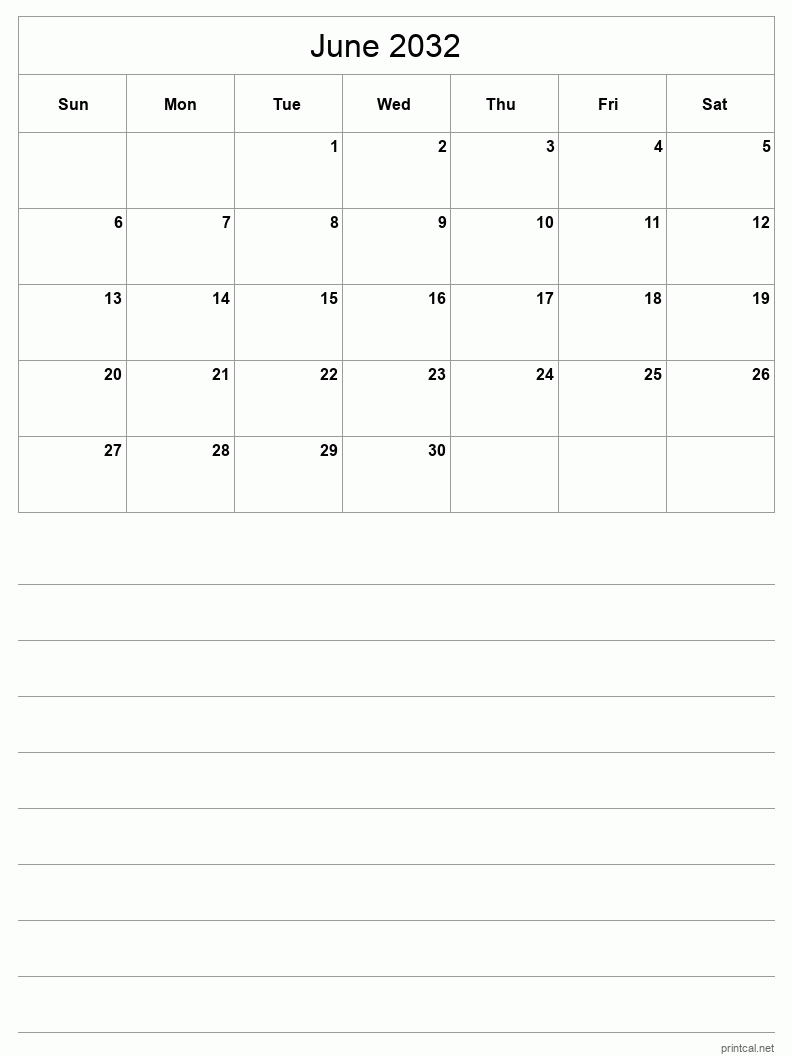 June 2032 Printable Calendar - Half-Page With Notesheet