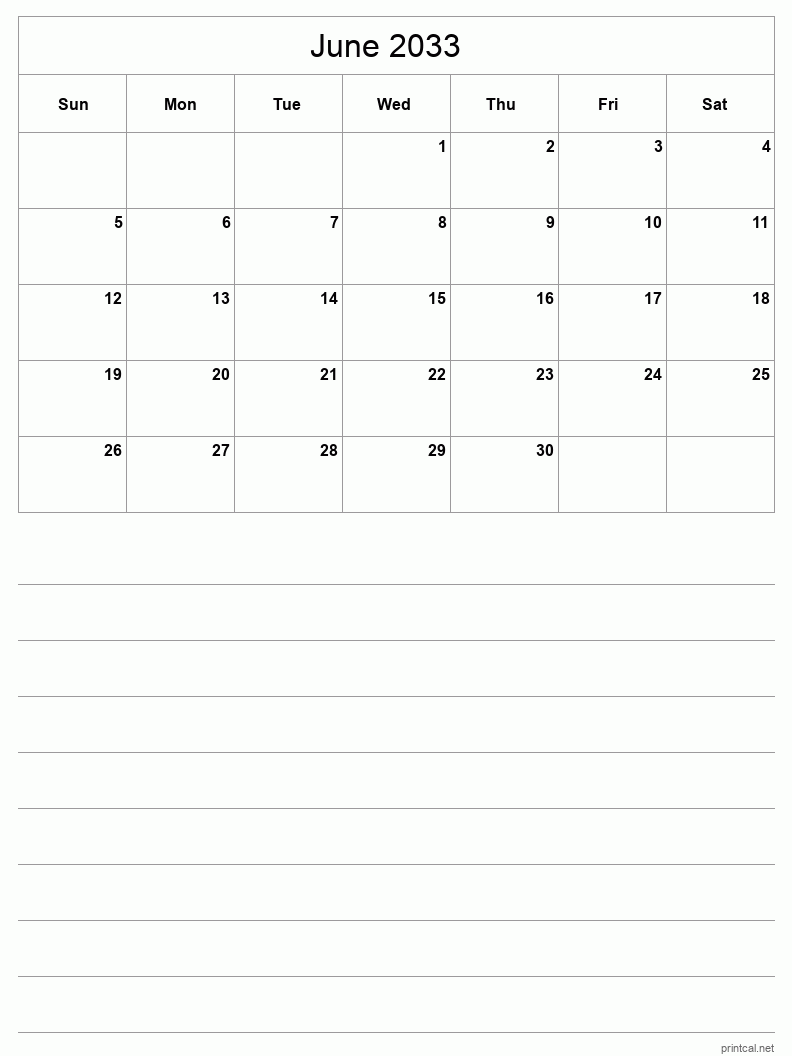 June 2033 Printable Calendar - Half-Page With Notesheet