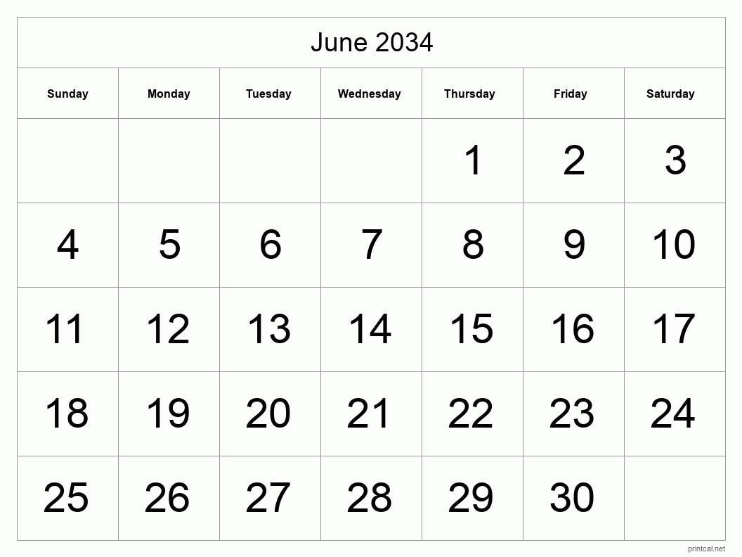 June 2034 Printable Calendar - Big Dates
