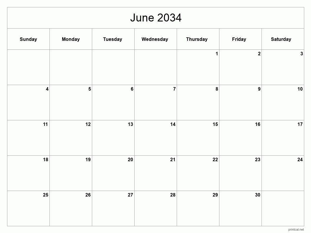 June 2034 Printable Calendar - Classic Blank Sheet