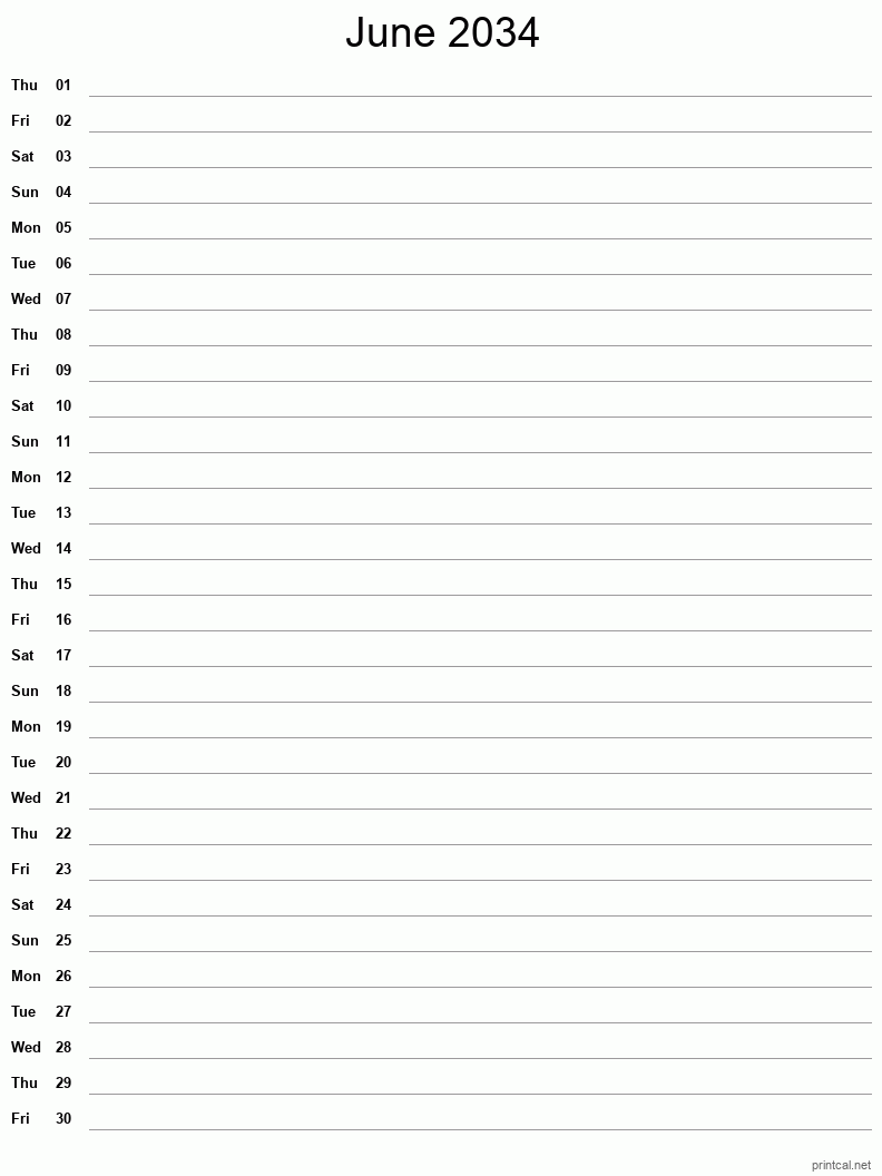 June 2034 Printable Calendar - Single Column Notesheet
