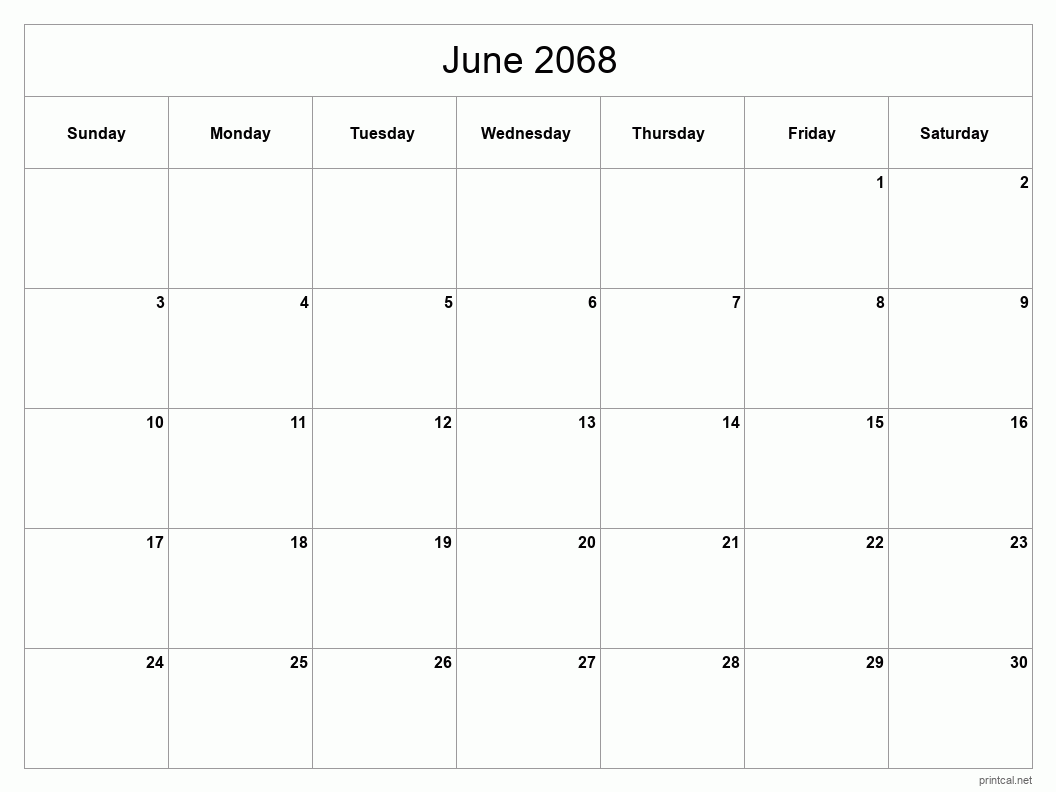 June 2068 Printable Calendar - Classic Blank Sheet