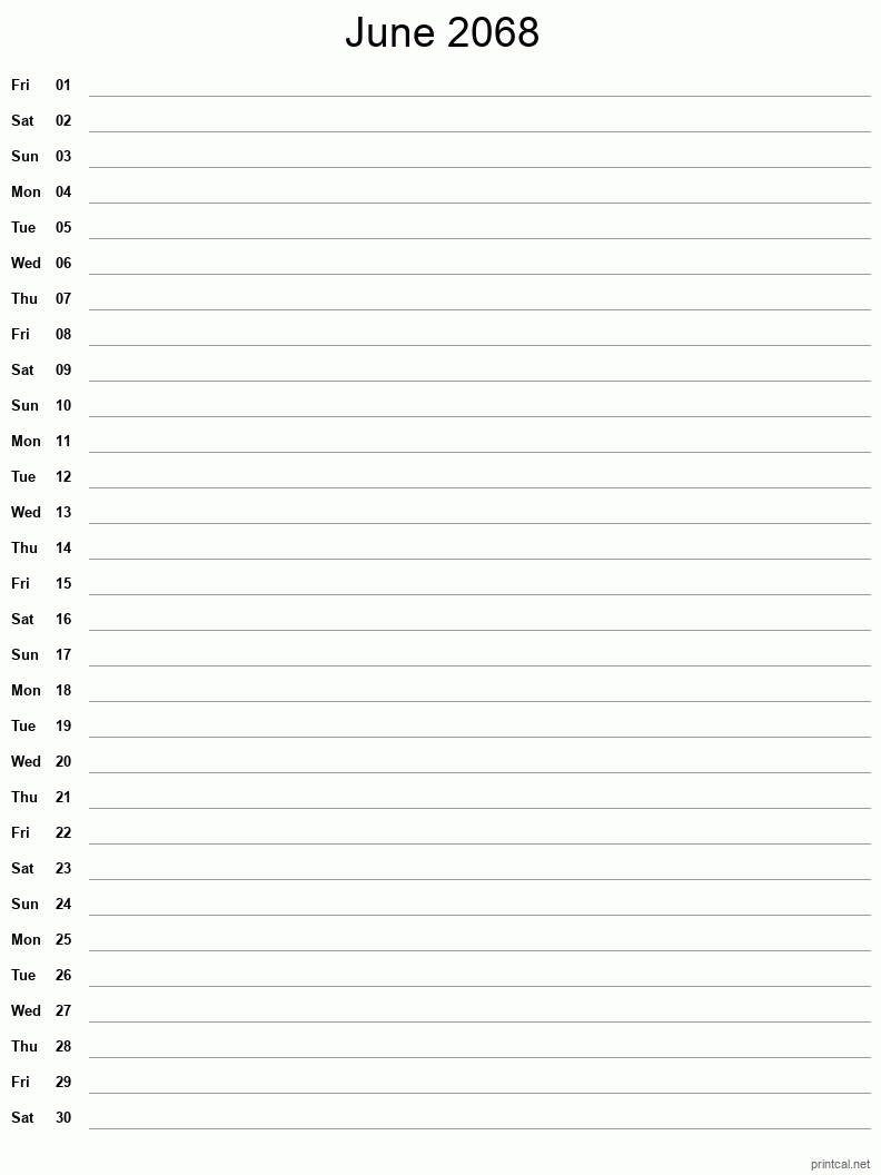 June 2068 Printable Calendar - Single Column Notesheet