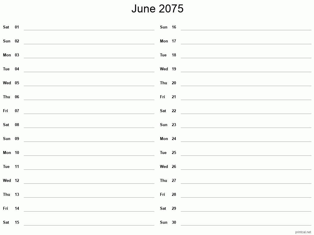 June 2075 Printable Calendar - Two Column Notesheet