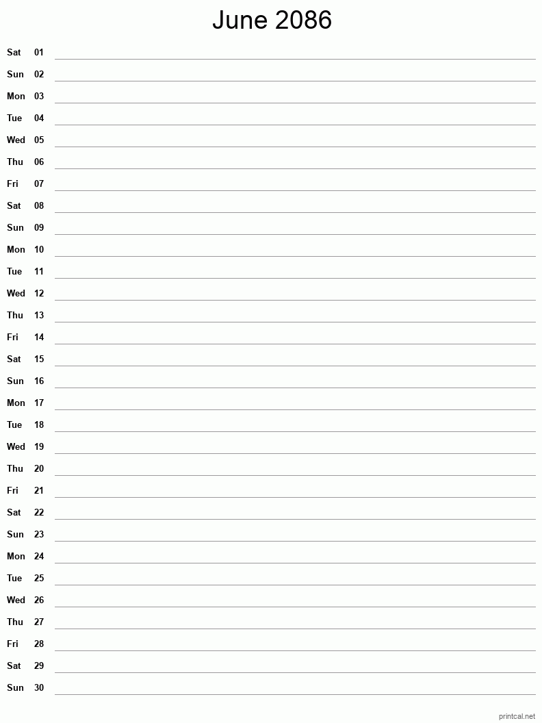 June 2086 Printable Calendar - Single Column Notesheet