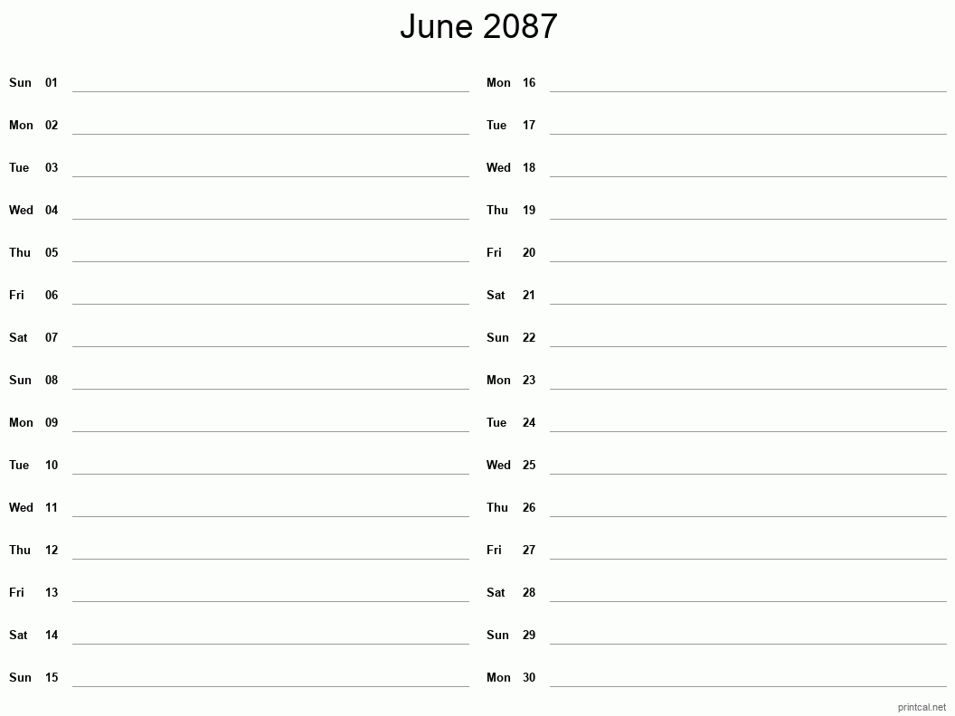 June 2087 Printable Calendar - Two Column Notesheet