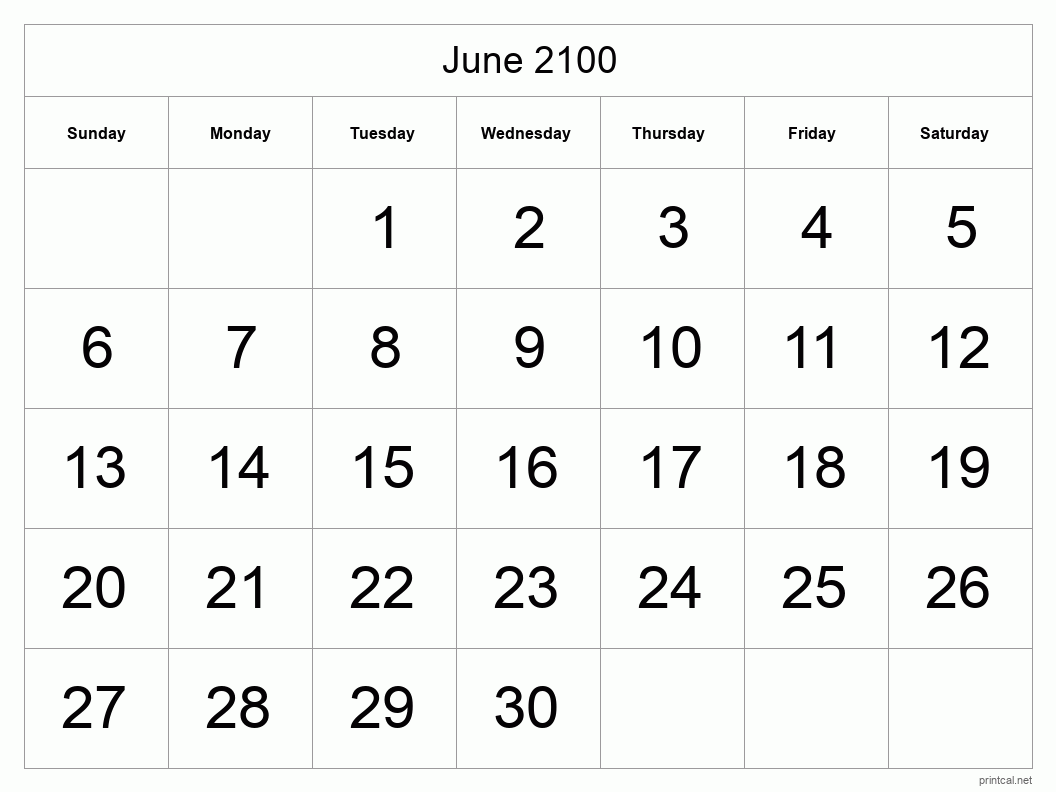 June 2100 Printable Calendar - Big Dates