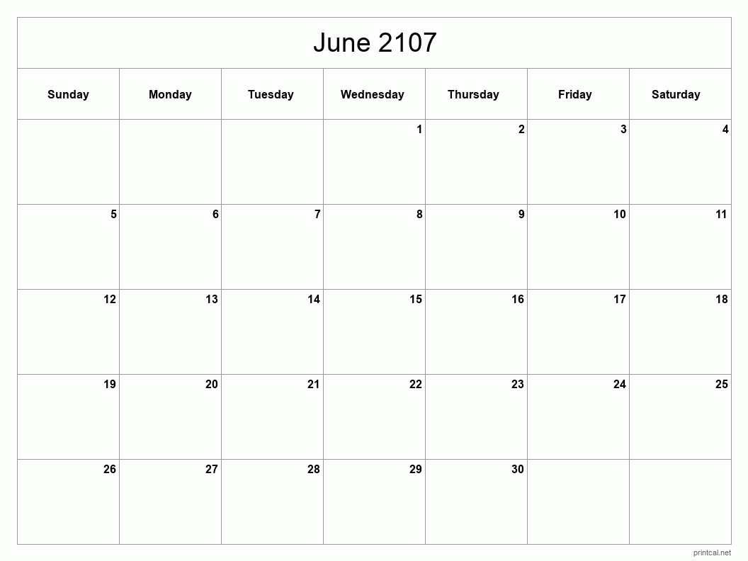 June 2107 Printable Calendar - Classic Blank Sheet