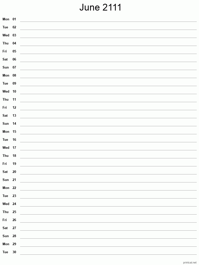 June 2111 Printable Calendar - Single Column Notesheet