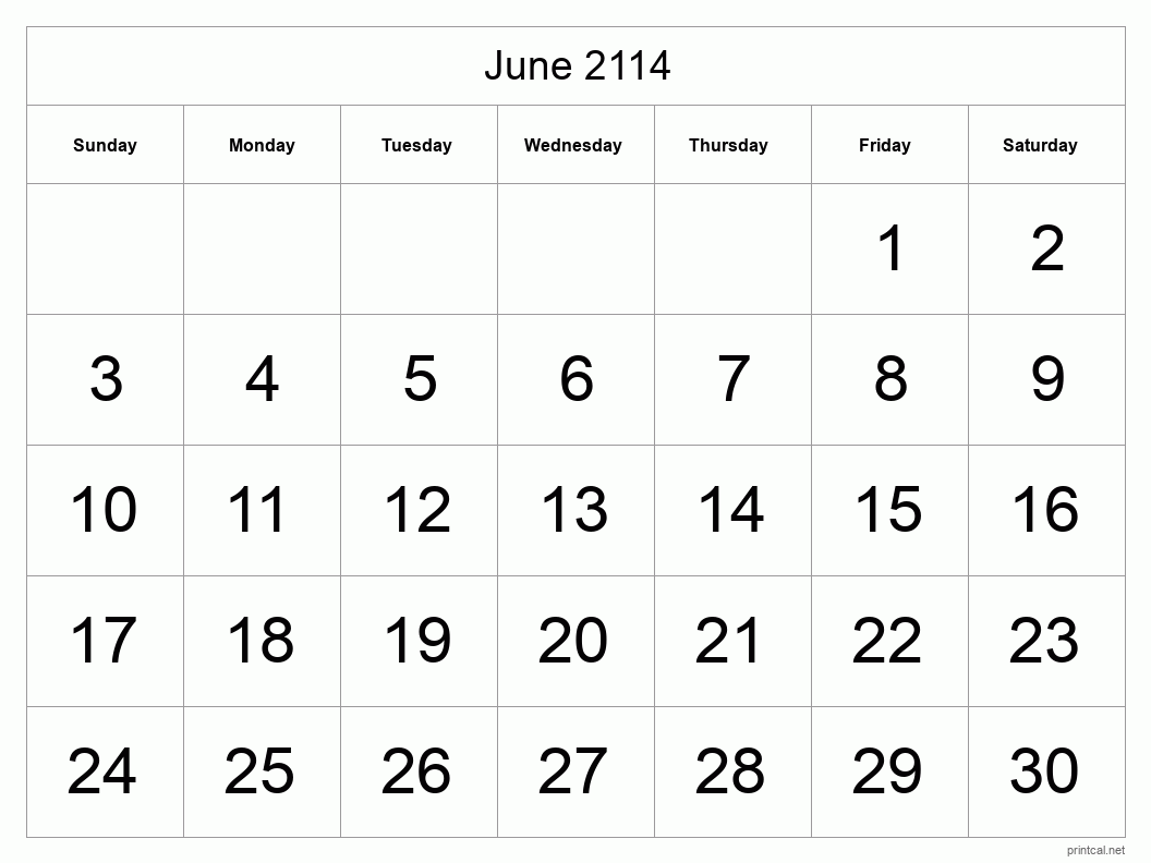 June 2114 Printable Calendar - Big Dates