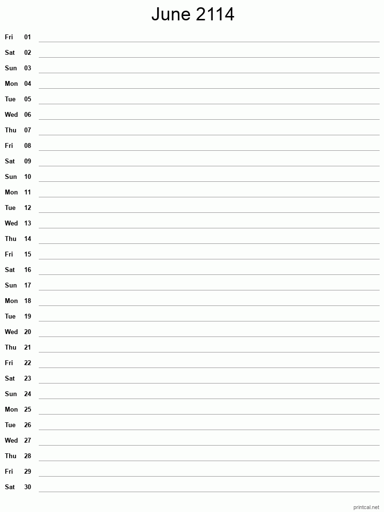 June 2114 Printable Calendar - Single Column Notesheet