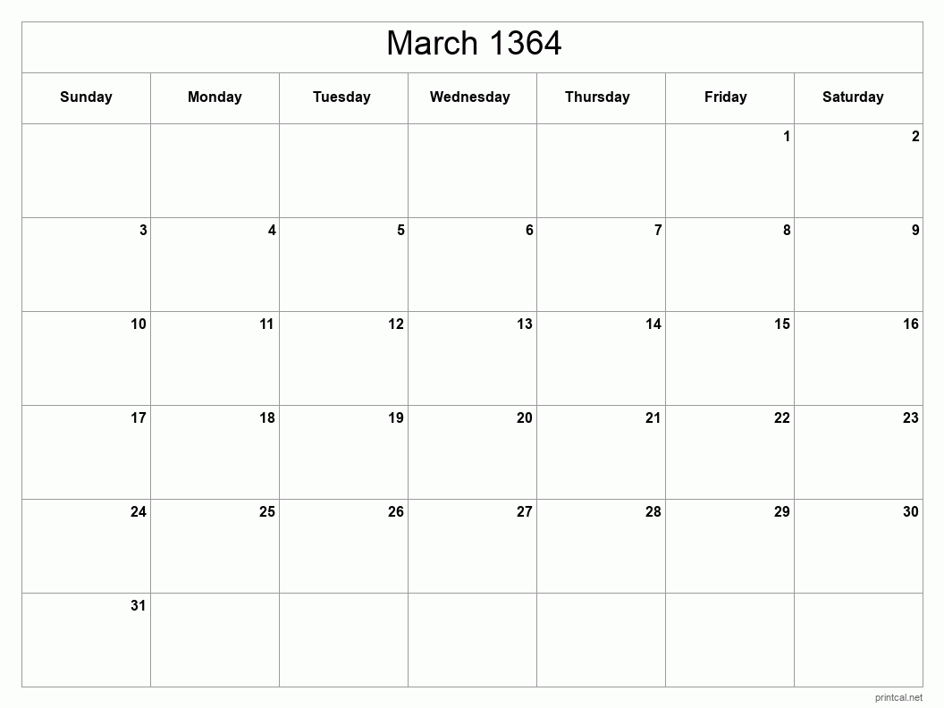 March 1364 Printable Calendar - Classic Blank Sheet