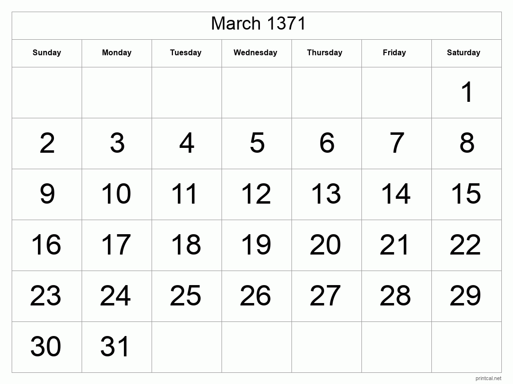 March 1371 Printable Calendar - Big Dates