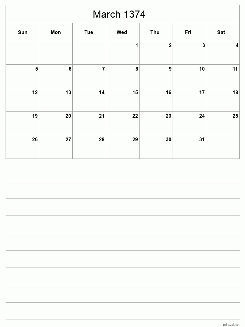 March 1374 Printable Calendar - Half-Page With Notesheet