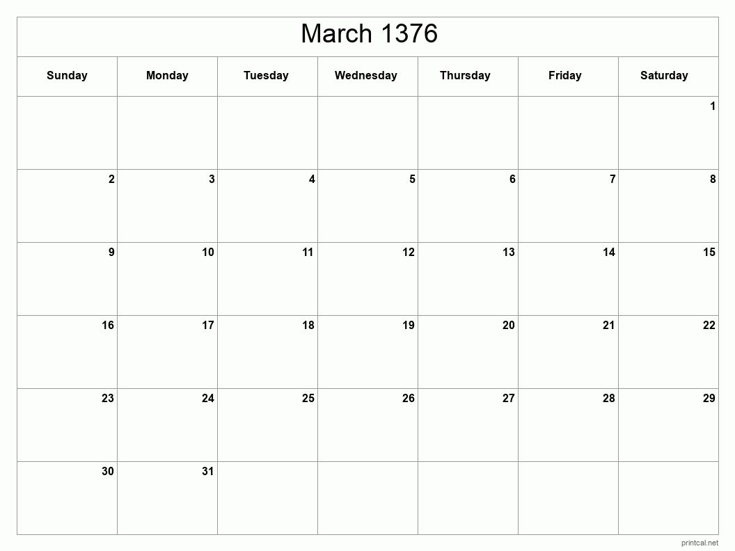 March 1376 Printable Calendar - Classic Blank Sheet