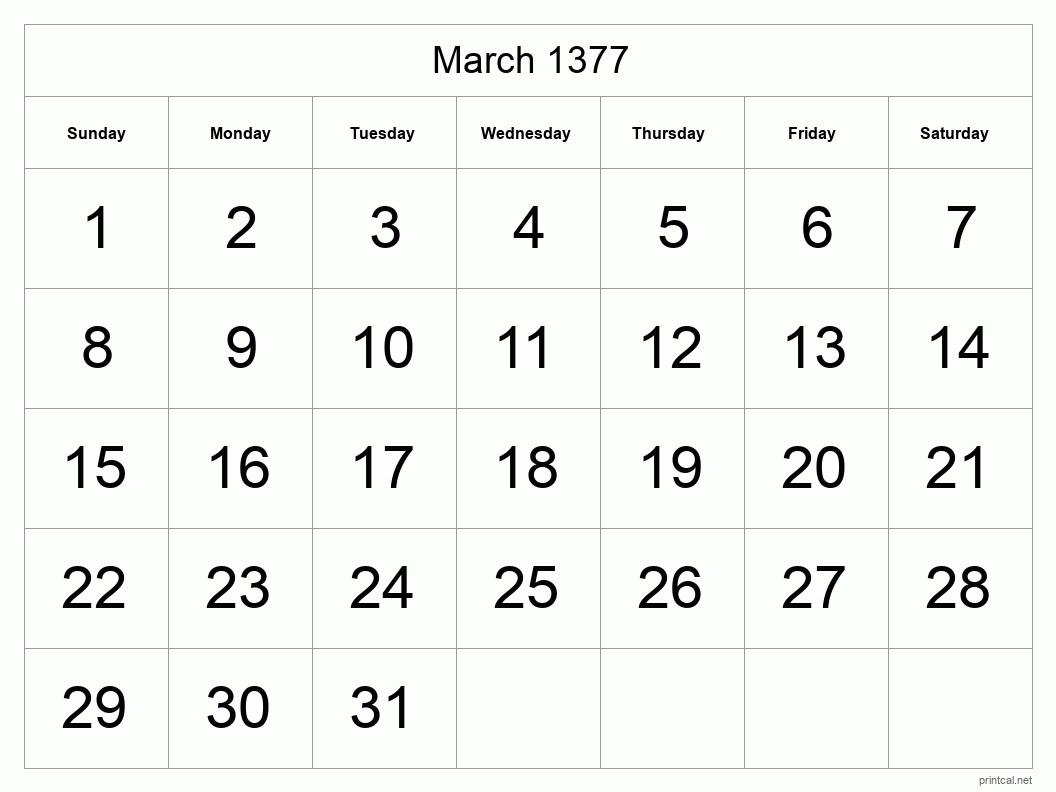 March 1377 Printable Calendar - Big Dates
