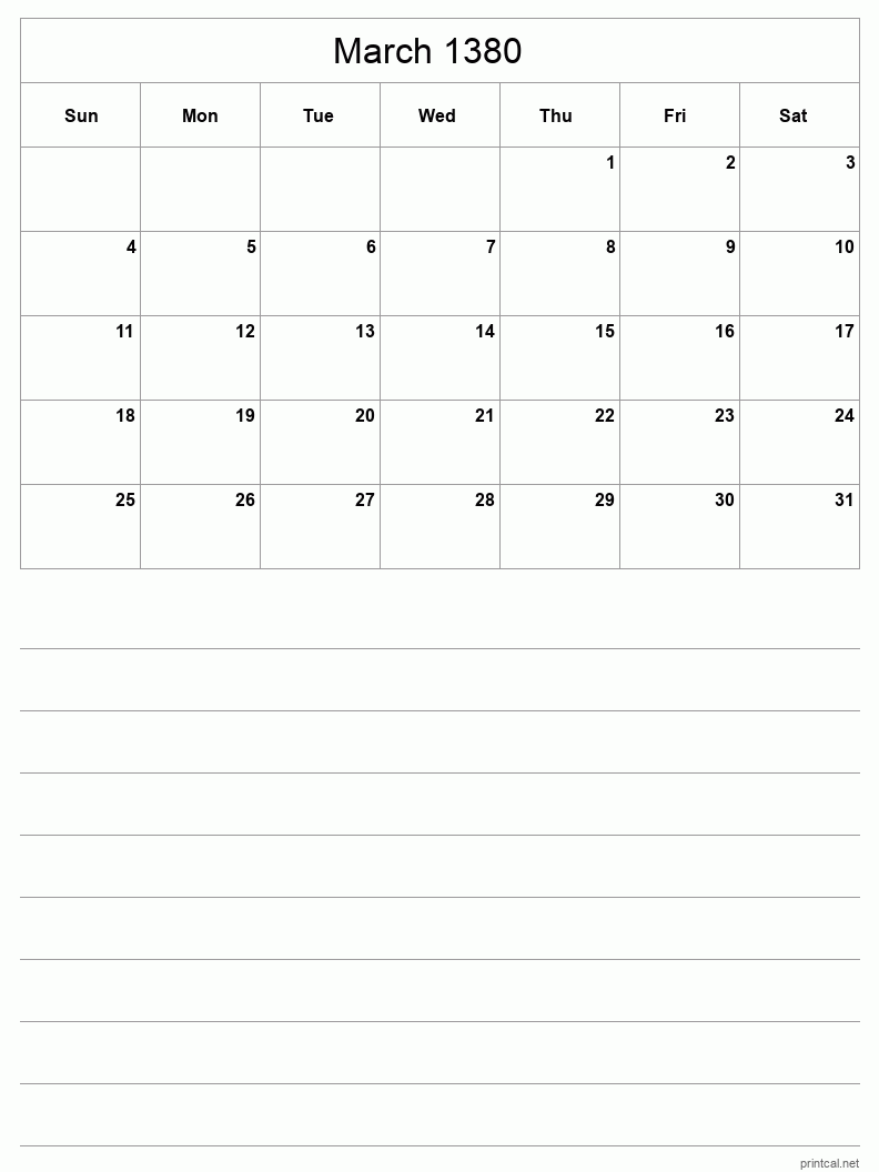 March 1380 Printable Calendar - Half-Page With Notesheet
