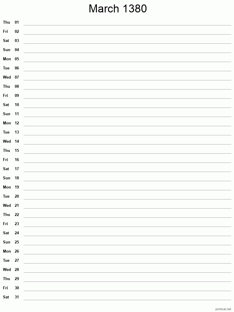 March 1380 Printable Calendar - Single Column Notesheet