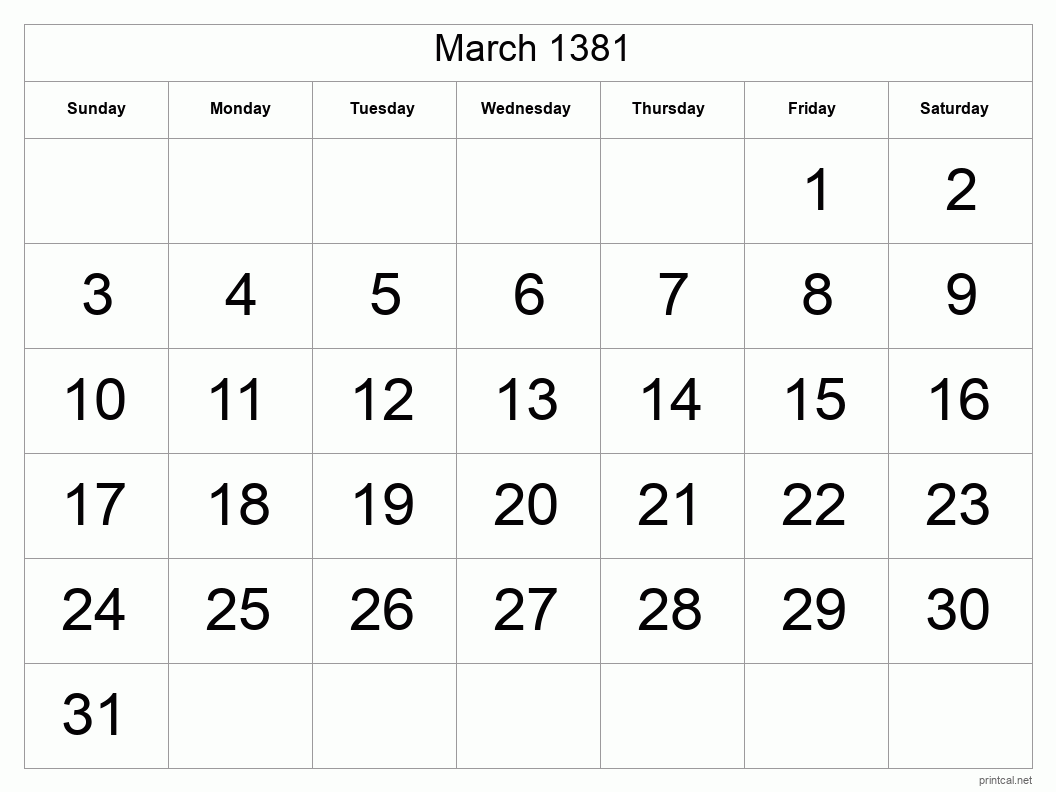March 1381 Printable Calendar - Big Dates