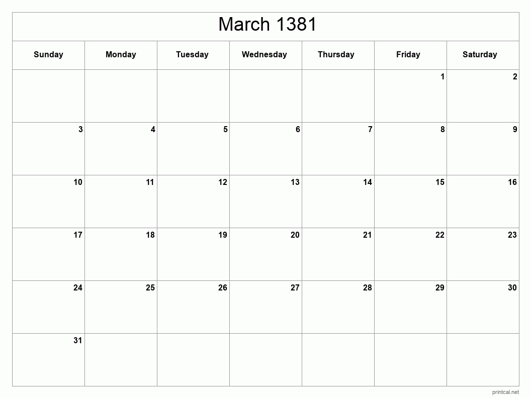 March 1381 Printable Calendar - Classic Blank Sheet