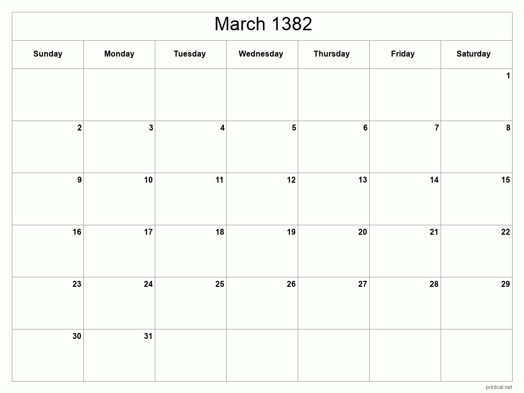 March 1382 Printable Calendar - Classic Blank Sheet