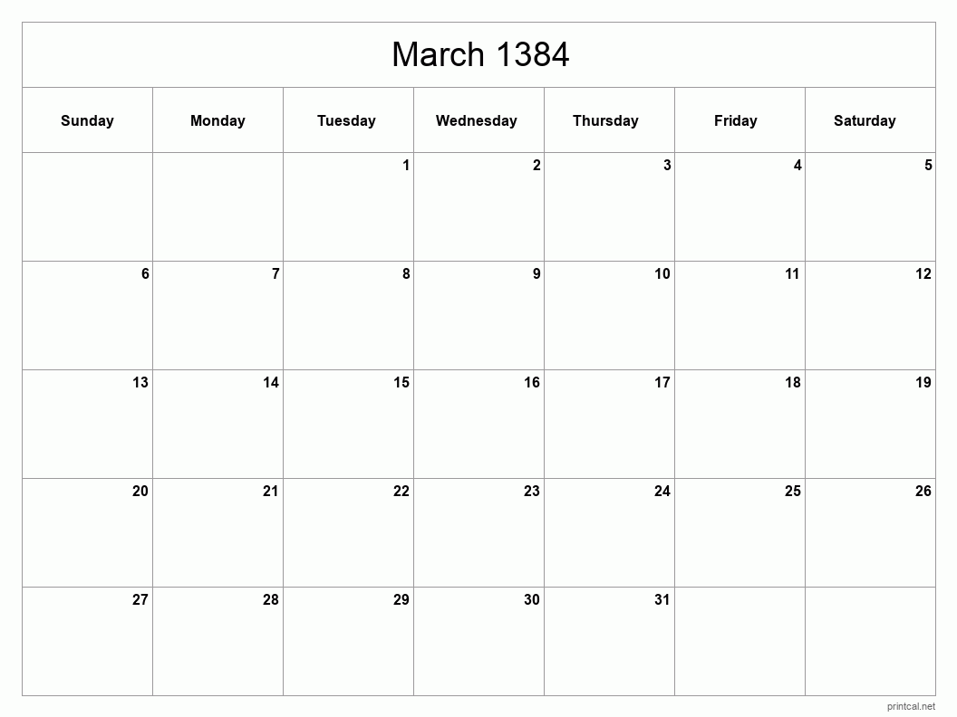 March 1384 Printable Calendar - Classic Blank Sheet