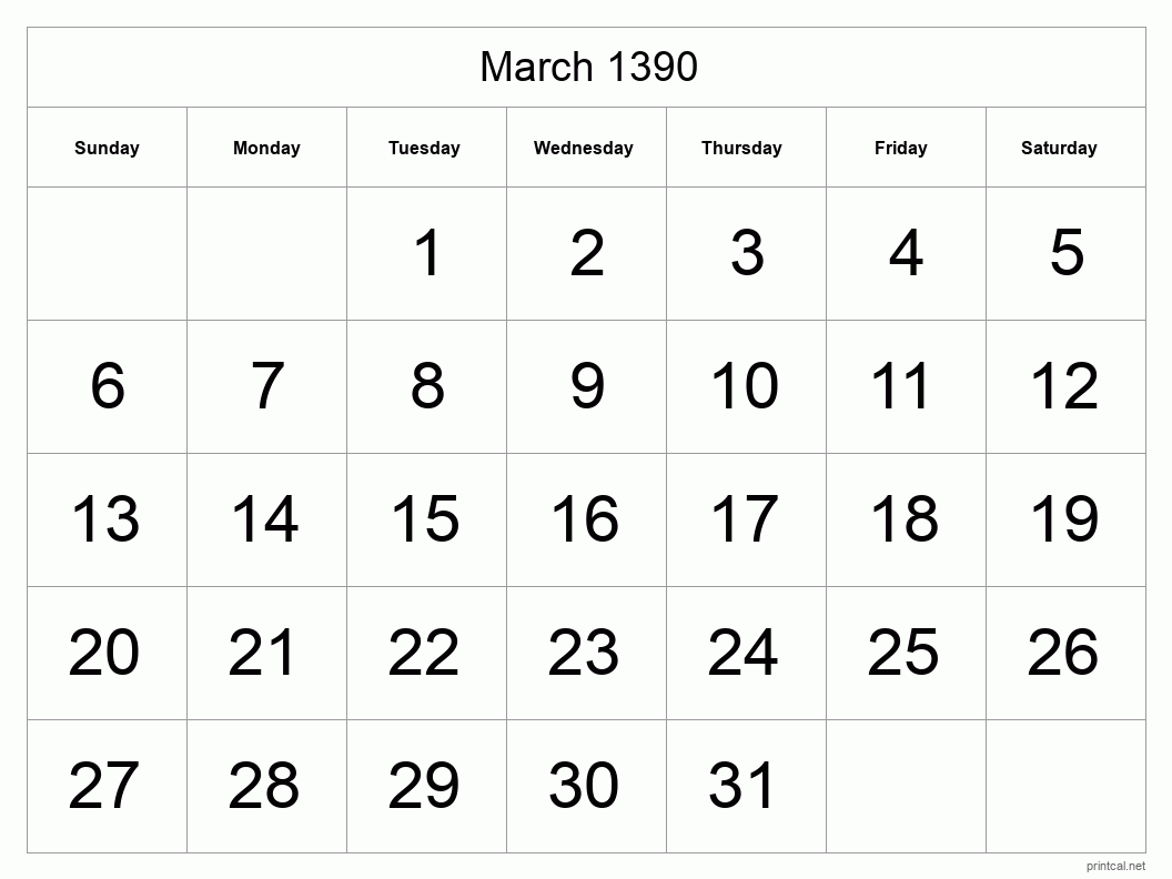 March 1390 Printable Calendar - Big Dates