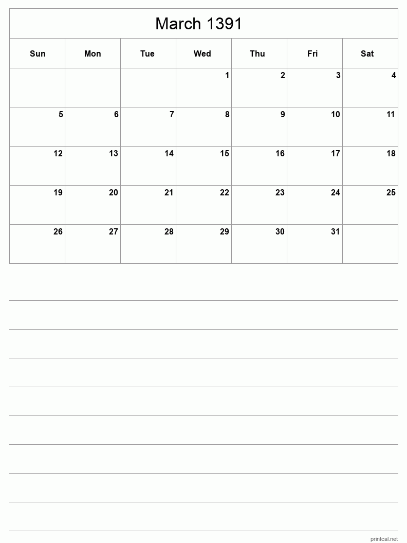 March 1391 Printable Calendar - Half-Page With Notesheet