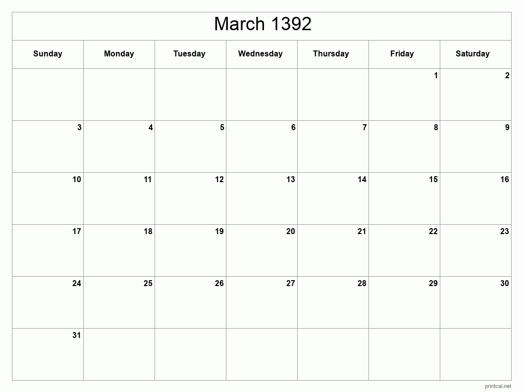 March 1392 Printable Calendar - Classic Blank Sheet