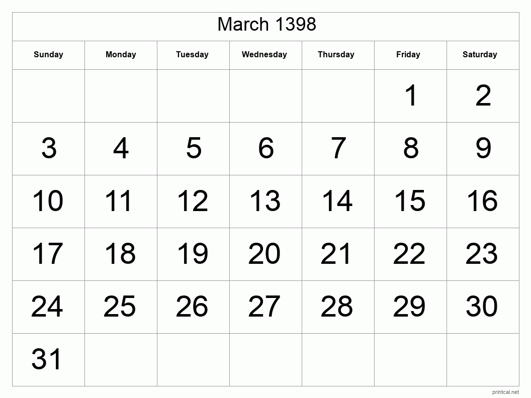 March 1398 Printable Calendar - Big Dates
