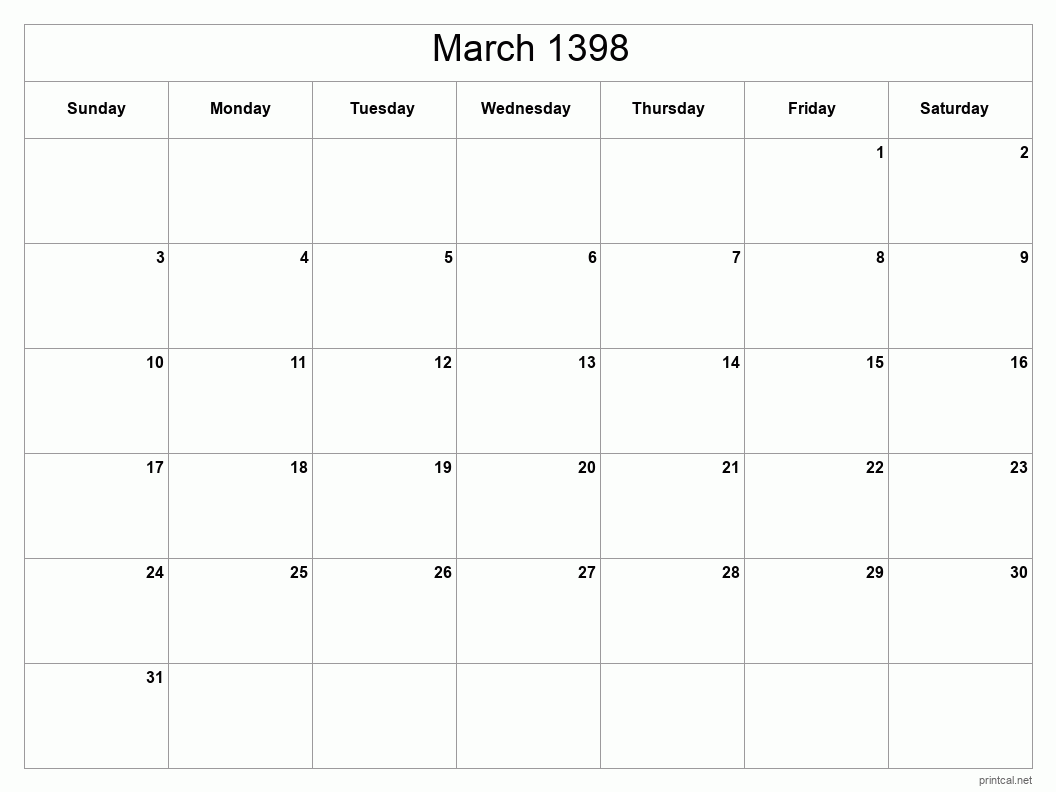 March 1398 Printable Calendar - Classic Blank Sheet