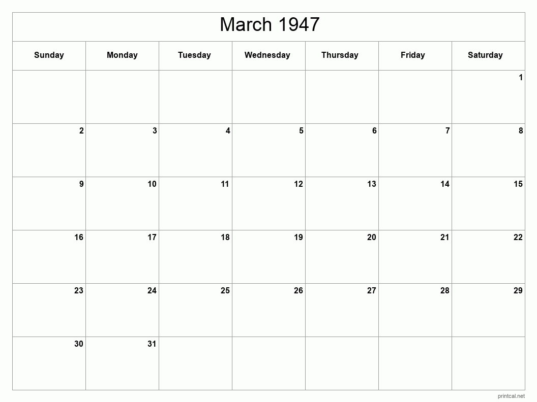 March 1947 Printable Calendar - Classic Blank Sheet