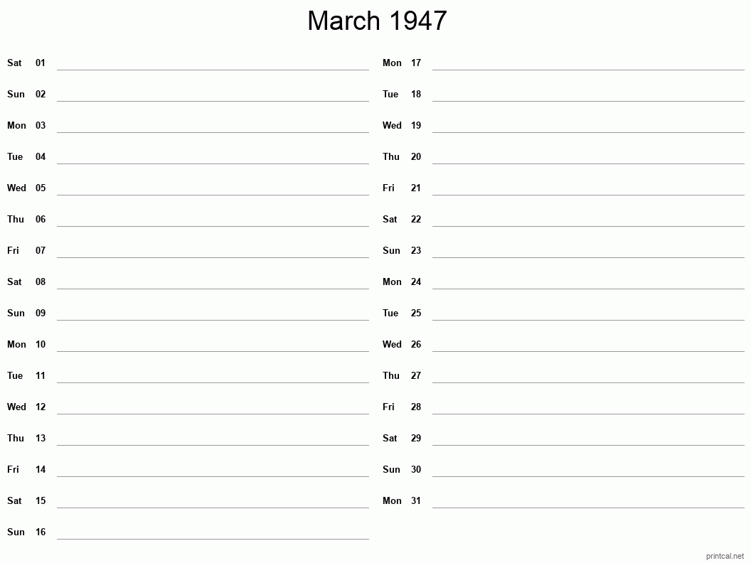 March 1947 Printable Calendar - Two Column Notesheet