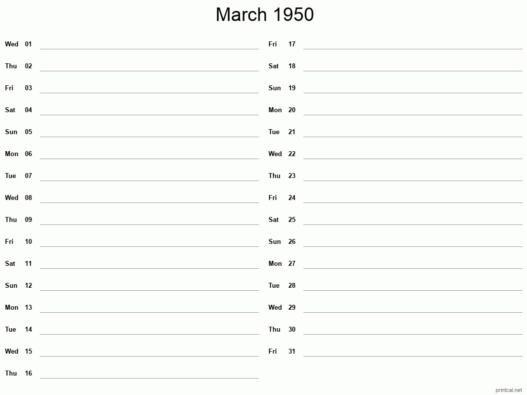 March 1950 Printable Calendar - Two Column Notesheet