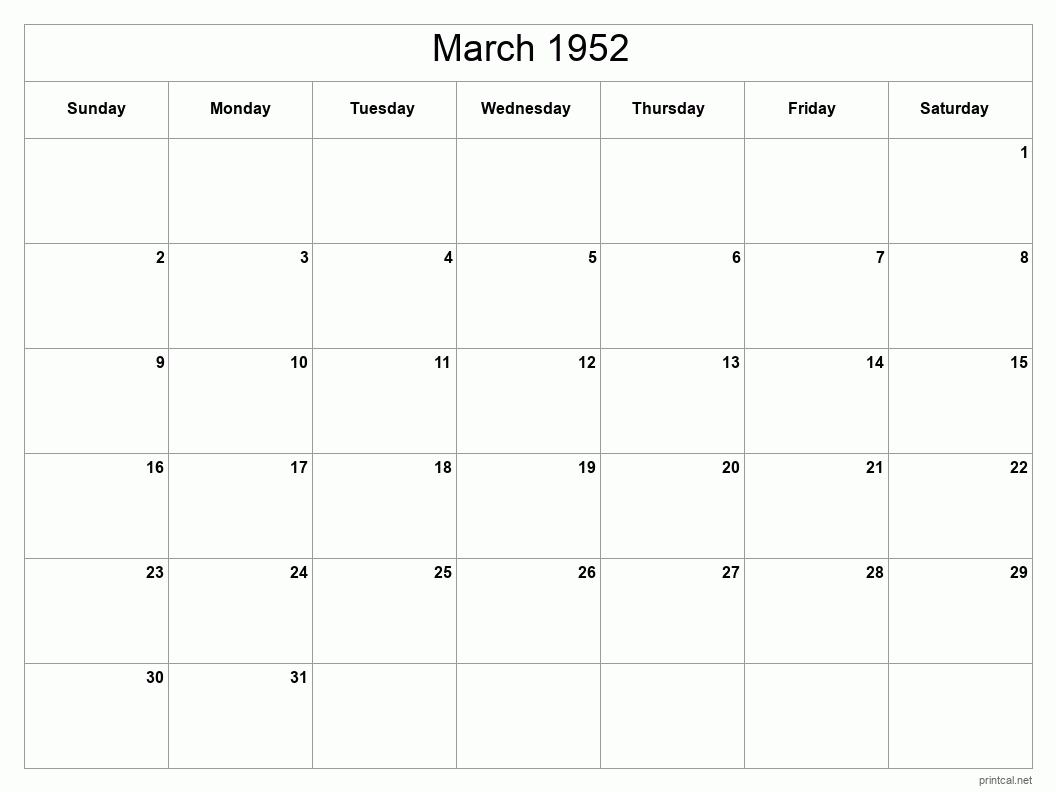 March 1952 Printable Calendar - Classic Blank Sheet