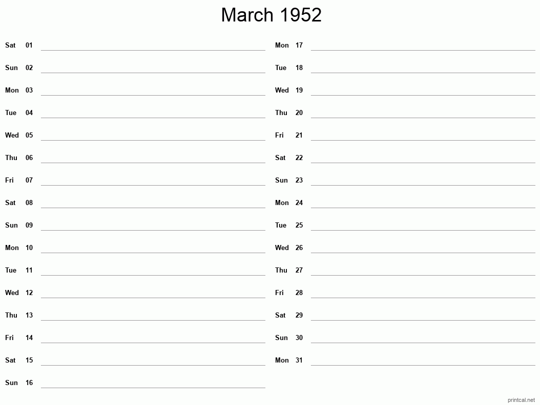 March 1952 Printable Calendar - Two Column Notesheet